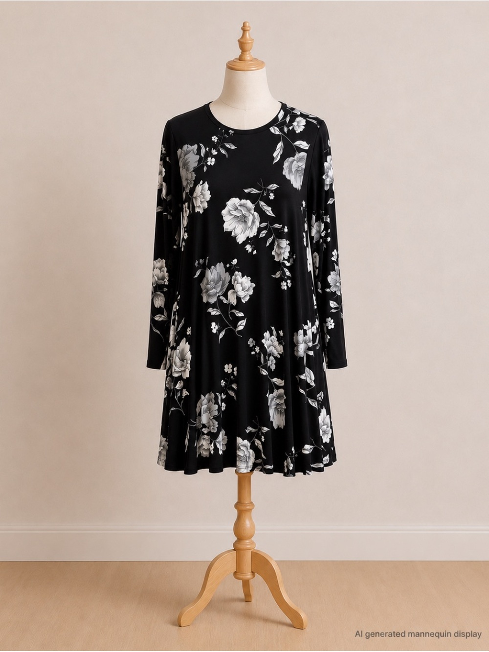 Old Navy Black and White Long Sleeve Floral T-Shirt Dress